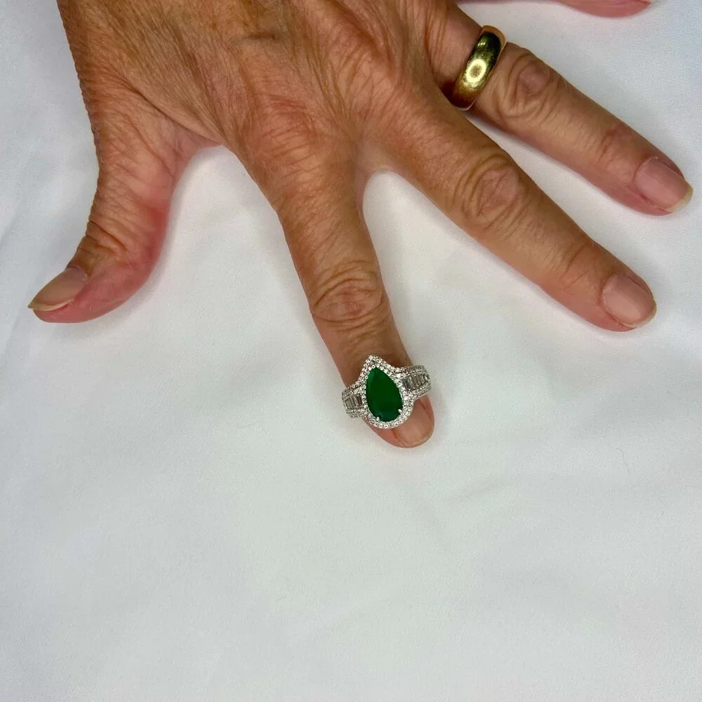 Halo Pear Cut Emerald Green Engagement Ring, size 6 3/4 - Picture 6 of 8